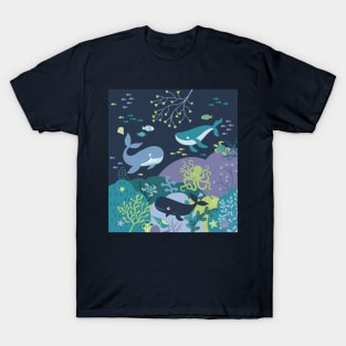 Whales paradise seascape - cute underwater scene with octopus T-Shirt